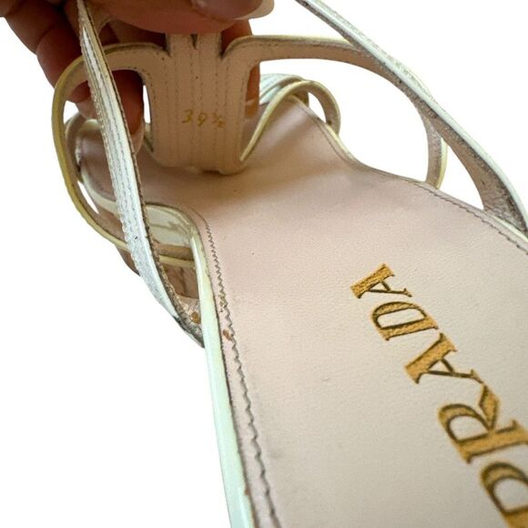 PRADA Beige Wedge Patent Leather Strappy Slide Sandals - Picture 11 of 12